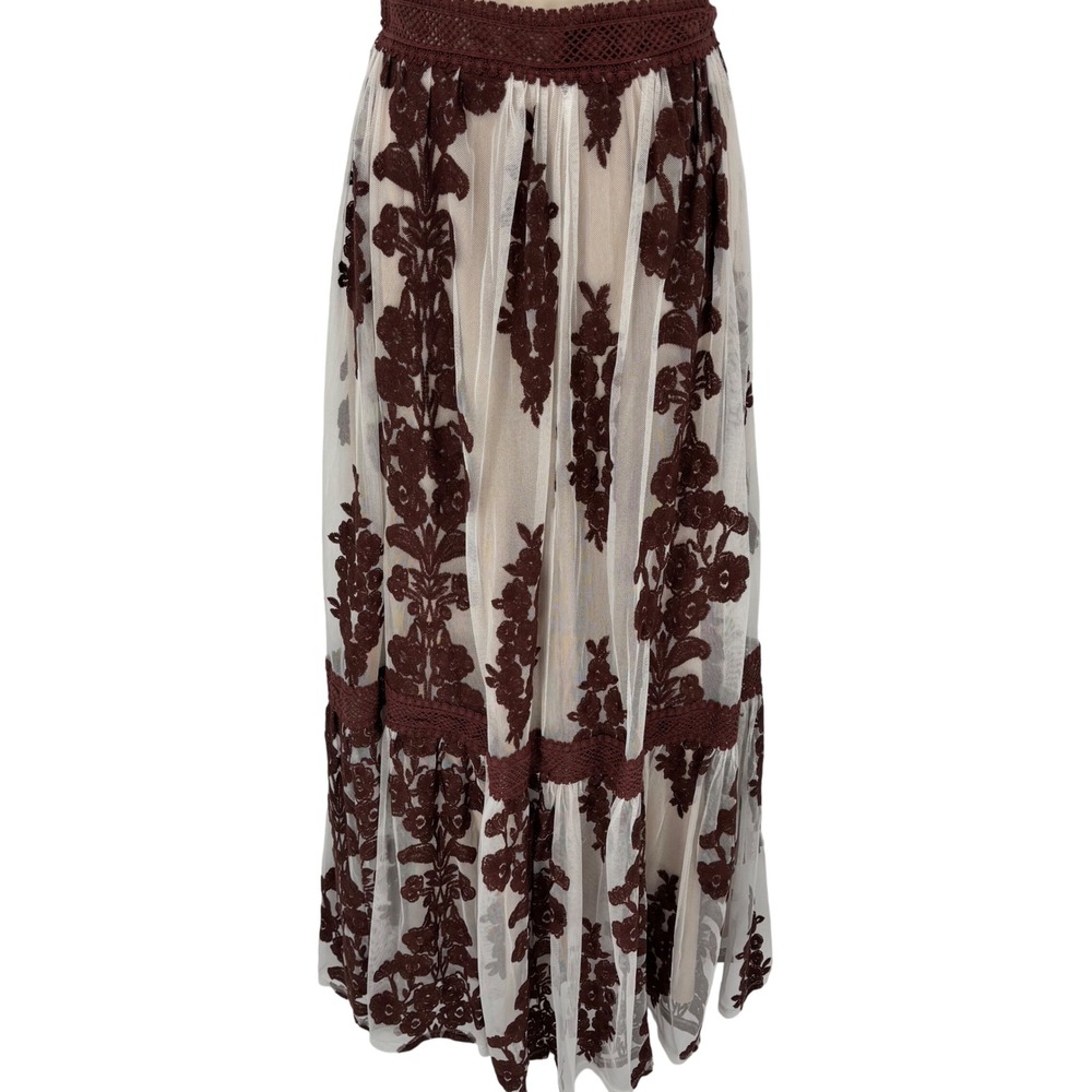 Altar'd State Arissa Brown Floral Embroidered Mesh Maxi Skirt Womens XS NWT - Picture 2 of 8